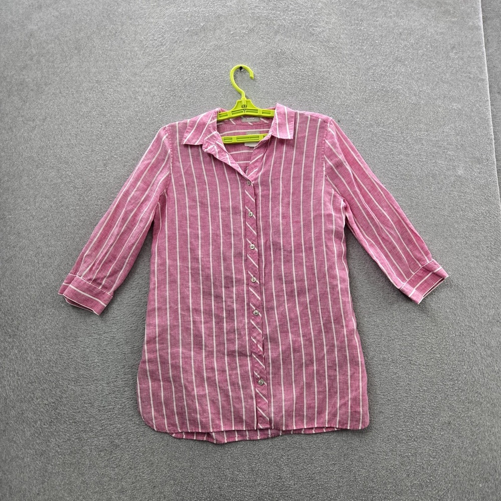 Chico's Women Button Up Shirt US 4 Pink Linen Striped Freshchic Collared Coastal